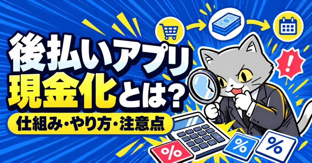 後払いアプリ現金化の仕組み・やり方・注意点を調査する猫キャラクター